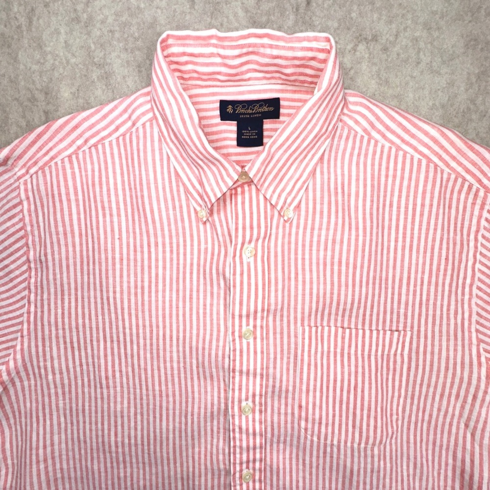Brooks Brothers Men L Light Salmon & White Stripe Irish Linen Short Sleeve Shirt